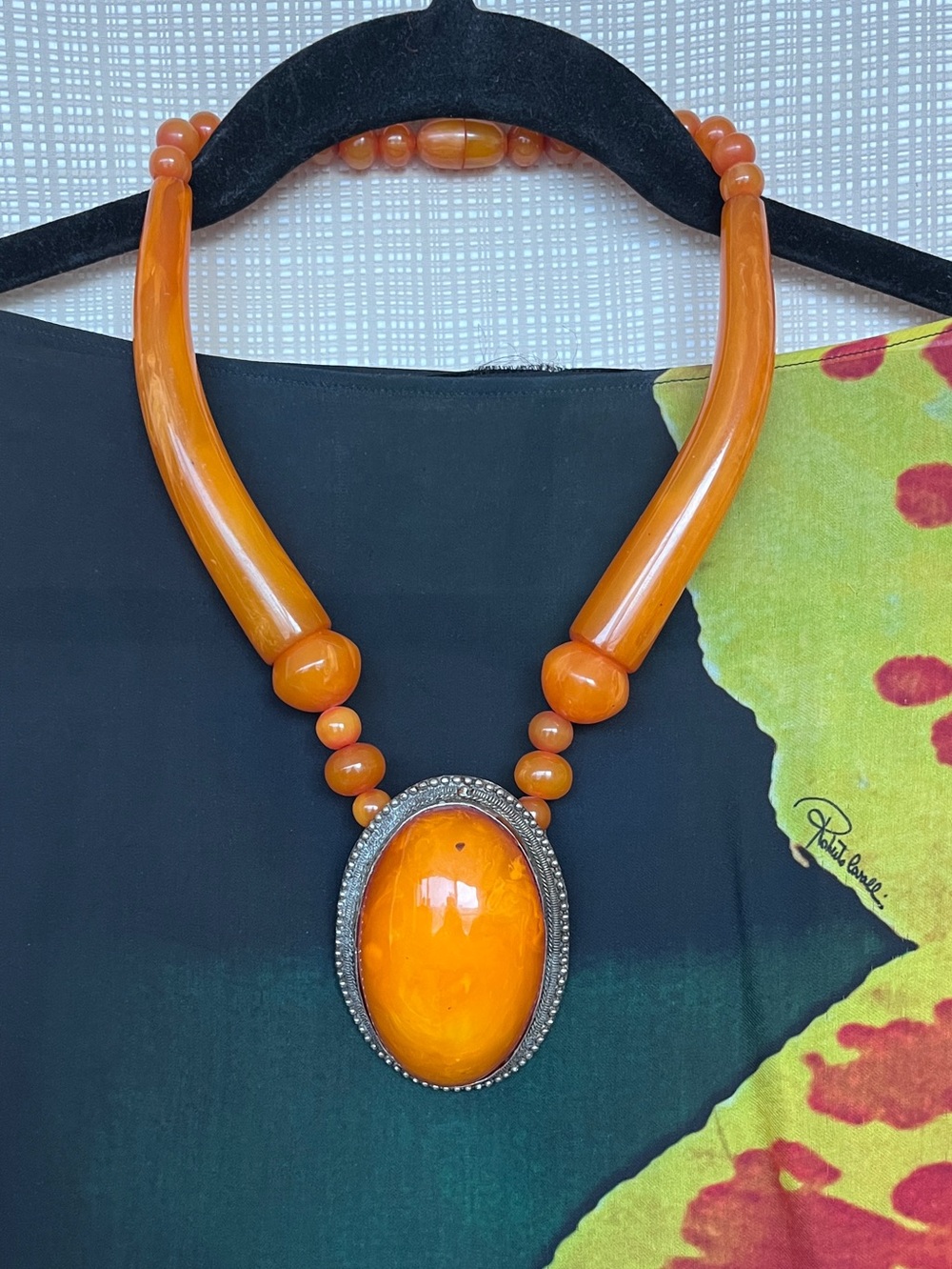 Vintage Amber Color Resin Pendant Necklace Bold Statement Global Wearable Art